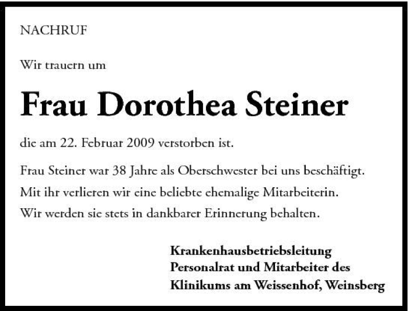  Traueranzeige für 14312 Steiner vom 28.02.2009 aus 