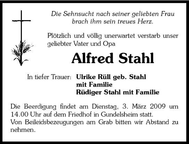  Traueranzeige für Alfred Stahl vom 28.02.2009 aus 