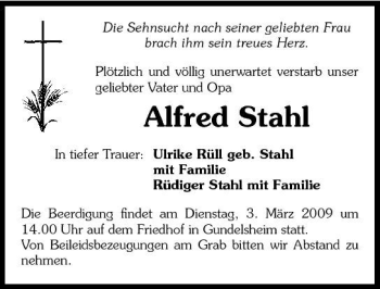 Traueranzeige von Alfred Stahl 