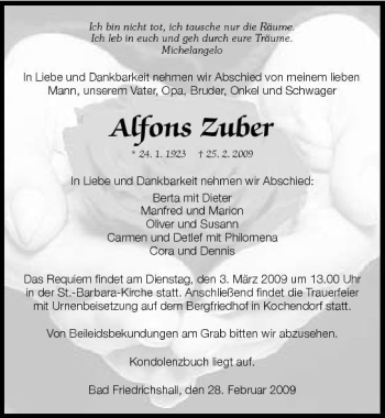 Traueranzeige von Alfons Zuber 