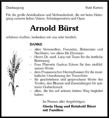 Traueranzeige von Arnold Bürst 