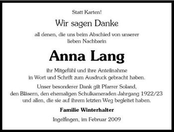 Traueranzeige von Anna Lang 