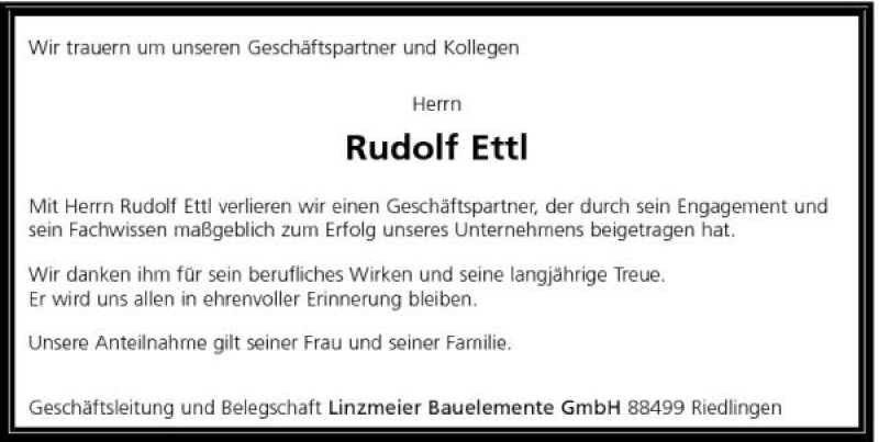  Traueranzeige für Rudolf Ettl vom 02.03.2009 aus 