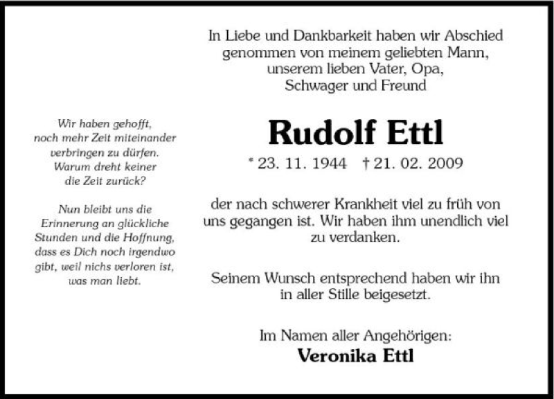  Traueranzeige für Rudolf Ettl vom 02.03.2009 aus 