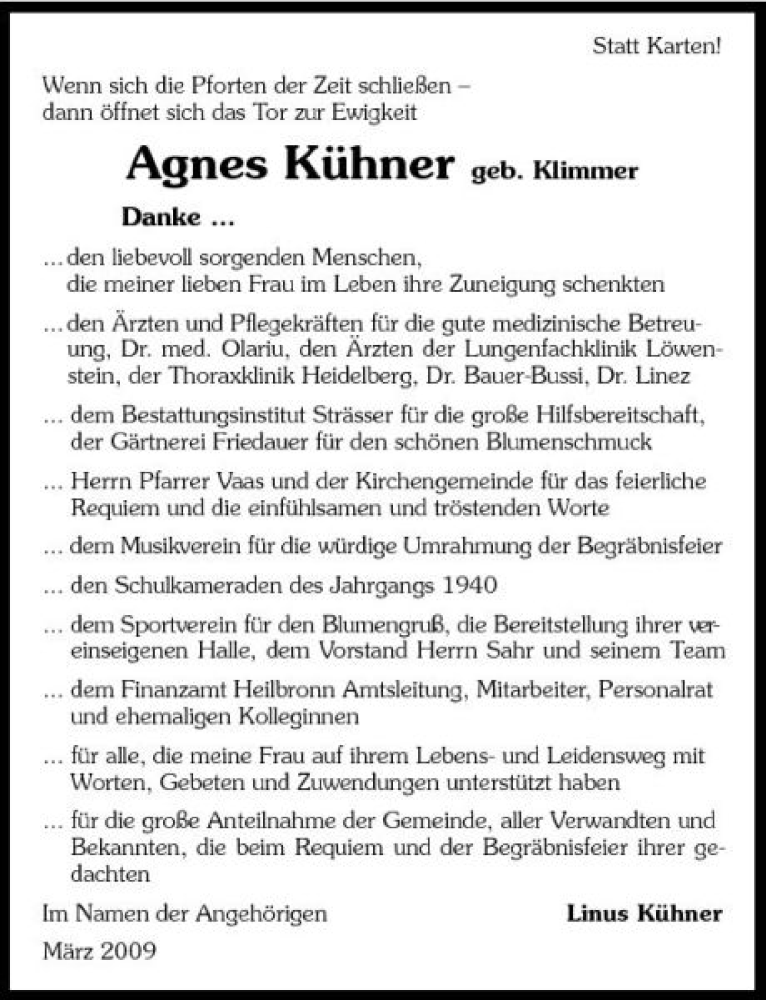  Traueranzeige für Agnes Kühner vom 05.03.2009 aus 