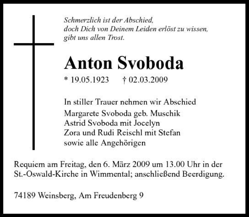  Traueranzeige für Anton Svoboda vom 03.03.2009 aus 