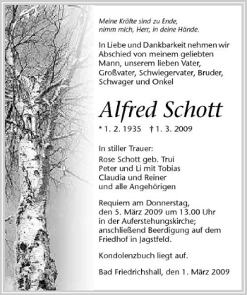 Traueranzeige von Alfred Schott 