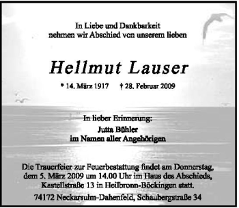 Traueranzeige von Hellmut Lauser 