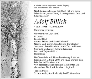 Traueranzeige von Adolf Billich 