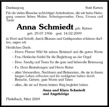 Traueranzeige von Anna Schmiedt 