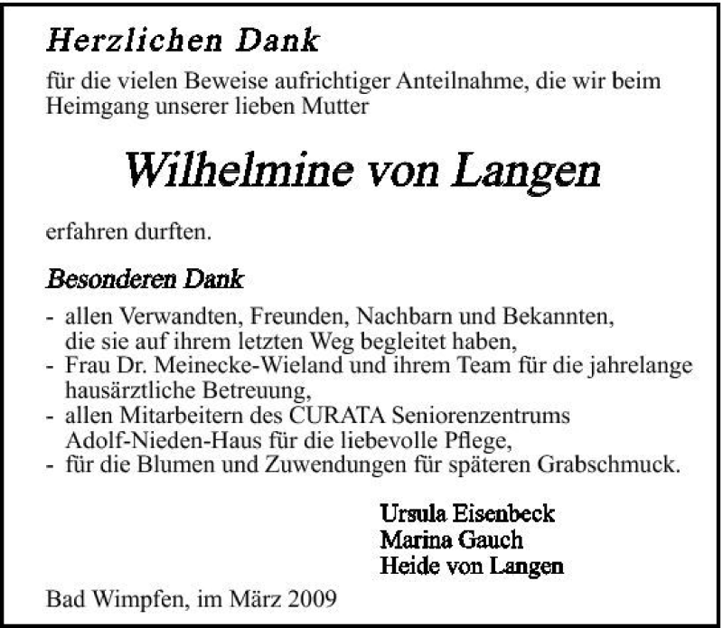  Traueranzeige für Wilhelmine von Langen vom 06.03.2009 aus 