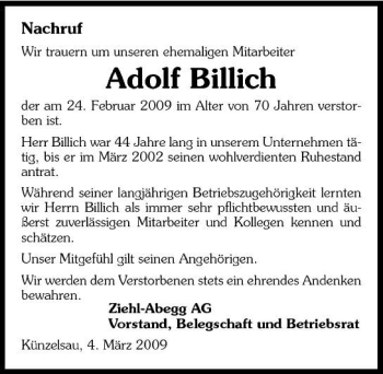 Traueranzeige von Adolf Billich 