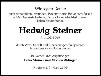 Traueranzeige von Hedwig Steiner 