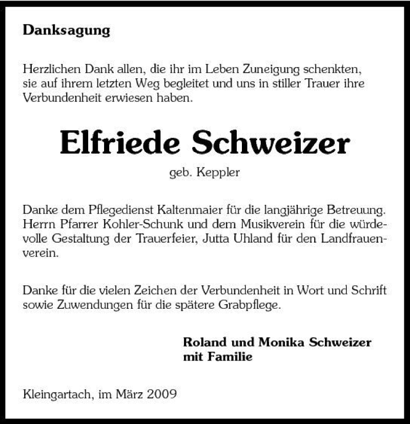  Traueranzeige für Elfriede Schweizer vom 07.03.2009 aus 