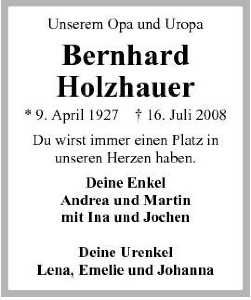  Traueranzeige für Bernhard Holzhauer vom 19.07.2008 aus 