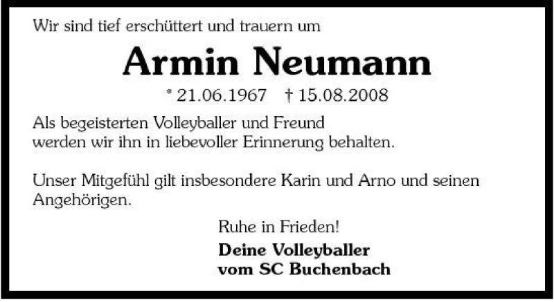  Traueranzeige für Armin Neumann vom 21.08.2008 aus 
