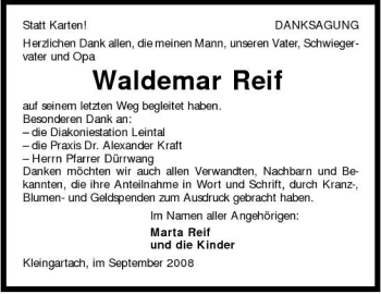 Traueranzeige von Waldemar Reif 