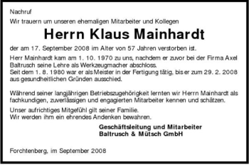 Traueranzeige von Klaus Mainhardt 
