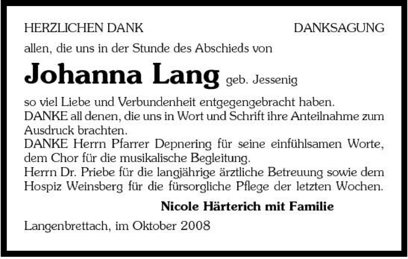  Traueranzeige für Johanna Lang vom 14.10.2008 aus 