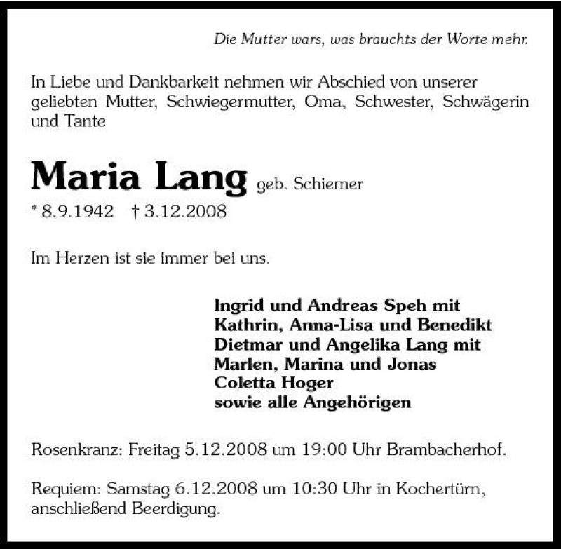  Traueranzeige für Maria Lang vom 05.12.2008 aus 