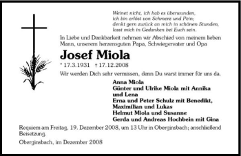 Traueranzeige von Josef Miola 