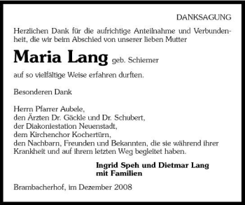 Traueranzeige von Maria Lang 