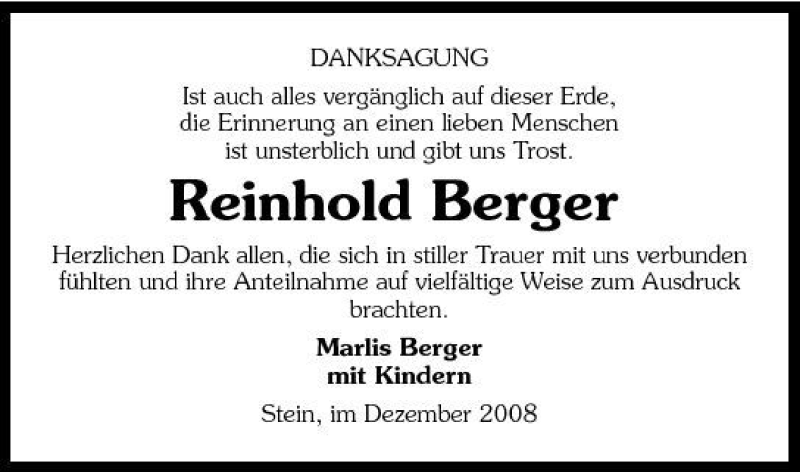 Traueranzeige für Reinhold Berger vom 02.01.2009 aus 