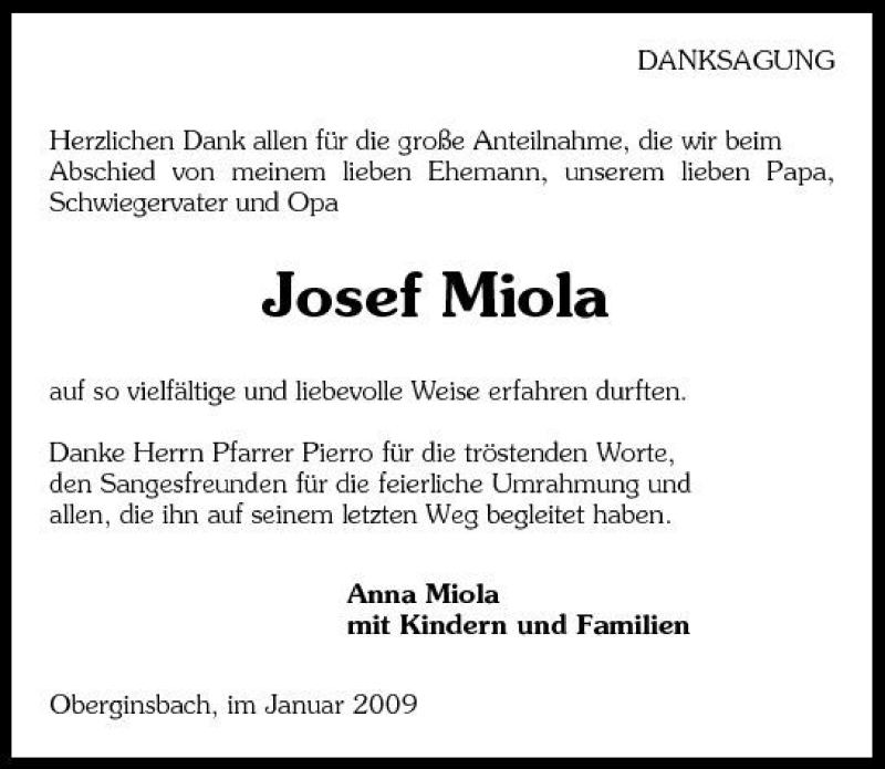  Traueranzeige für Josef Miola vom 13.01.2009 aus 