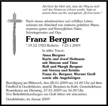 Traueranzeige von Franz Bergner 