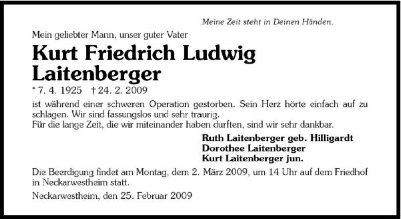  Traueranzeige für Kurt Friedrich Laitenberger vom 26.02.2009 aus 