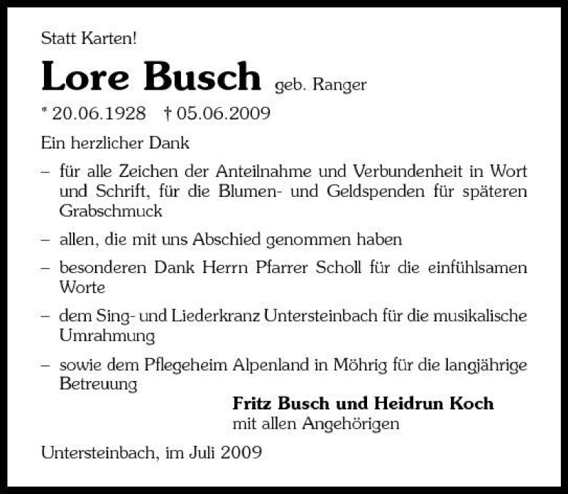  Traueranzeige für Lore Busch vom 11.07.2009 aus 