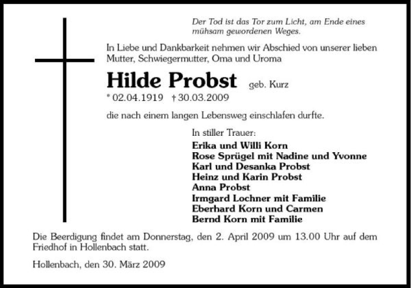 Traueranzeige für HIlde Probst vom 01.04.2009 aus 