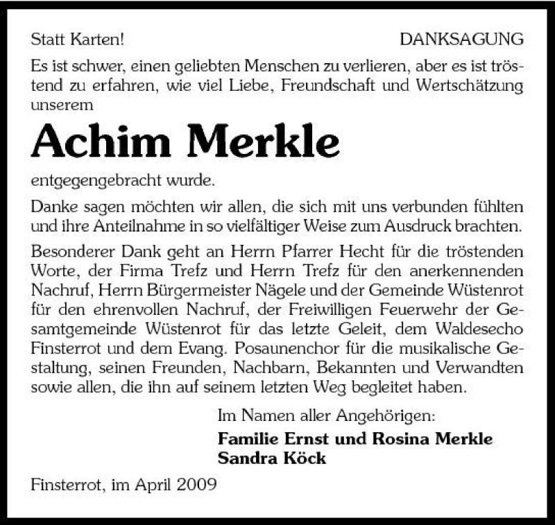  Traueranzeige für Achim Merkle vom 07.04.2009 aus 