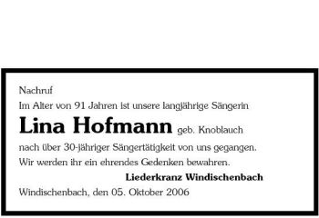 Traueranzeige von Lina Hofmann 