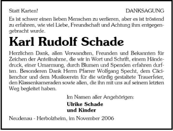 Traueranzeige von Karl Rudolf Schade 