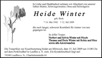 Traueranzeige von Heide Winter 