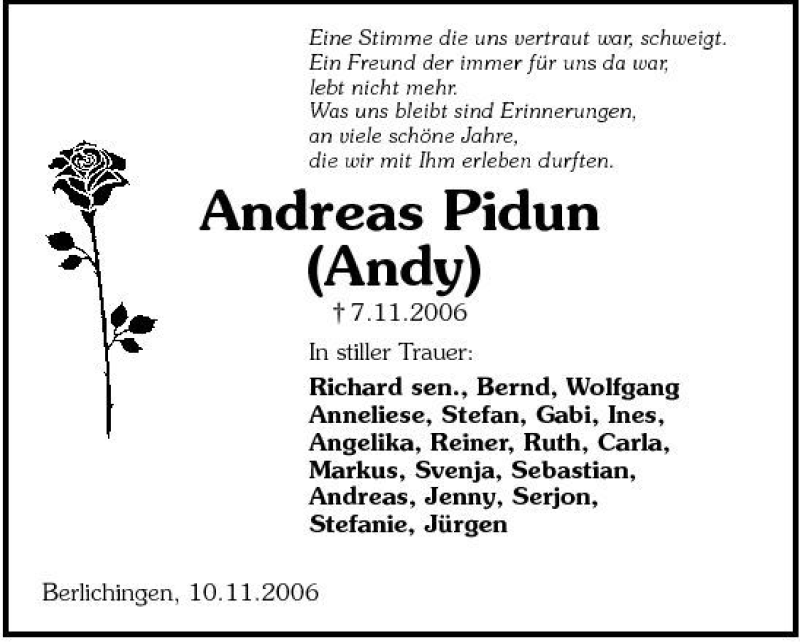  Traueranzeige für Andreas Pidun vom 11.11.2006 aus 