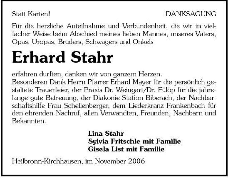  Traueranzeige für Erhard Stahr vom 15.11.2006 aus 