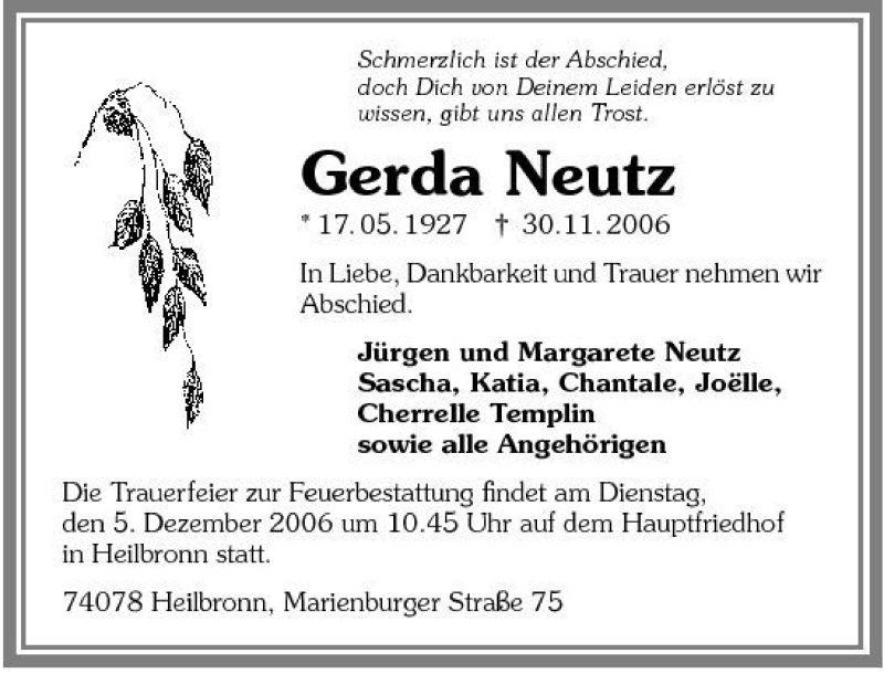 Traueranzeige für Gerda Neutz vom 02.12.2006 aus 