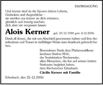 Traueranzeige von Alois Kerner 