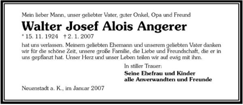  Traueranzeige für Walter Josef Alois Angerer vom 04.01.2007 aus 