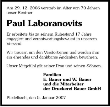 Traueranzeige von Paul Laboranovits 