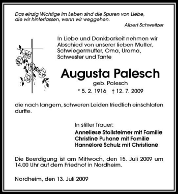Traueranzeige von Augusta Palesch 