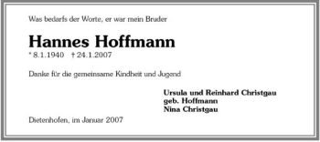 Traueranzeige von Hannes Hoffmann 