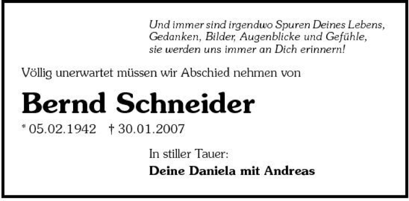  Traueranzeige für Bernd Schneider vom 01.02.2007 aus 