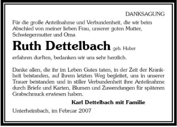 Traueranzeige von Ruth Dettelbach 