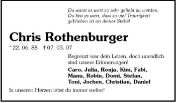 Traueranzeige von Chris Rothenburger 
