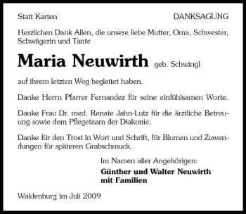 Traueranzeige von Maria Neuwirth 