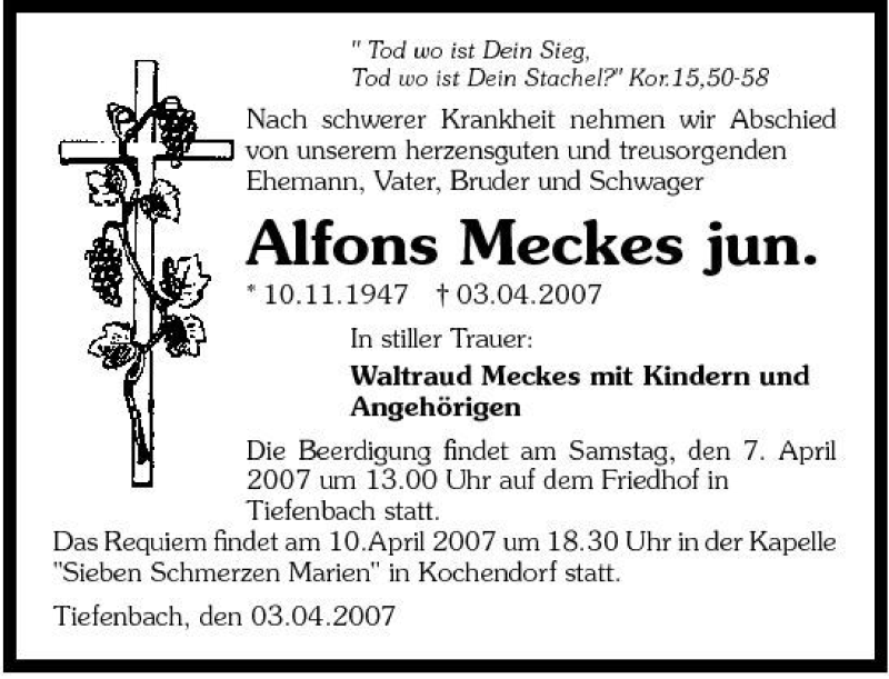  Traueranzeige für Alfons Meckes vom 05.04.2007 aus 