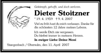 Traueranzeige von Dieter Stoitzner 